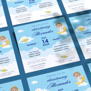 Little Moon Angel Light Blue Christening Invitation for Boys