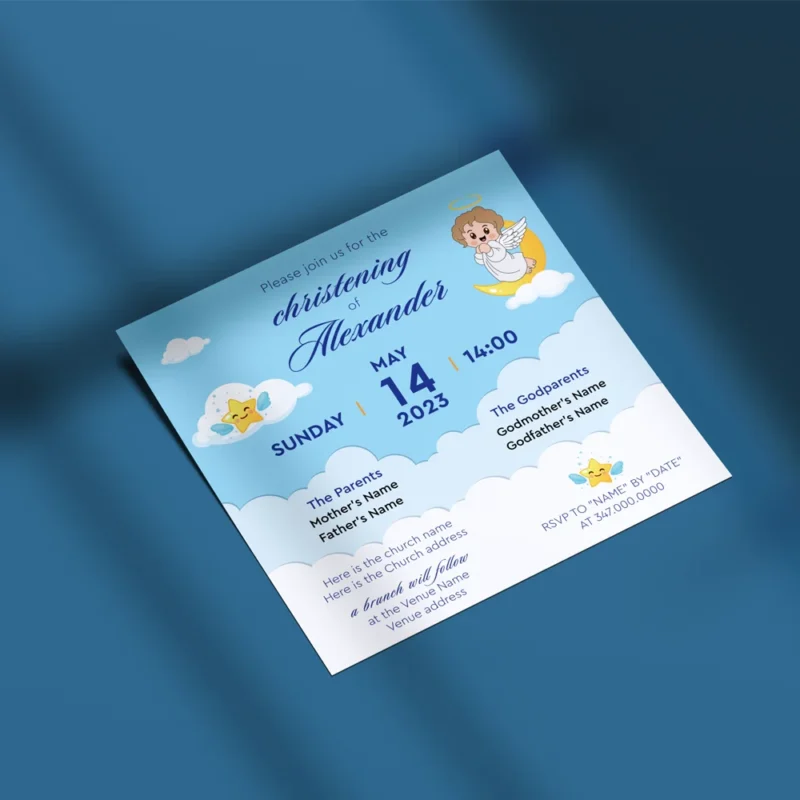 Little Moon Angel Light Blue Christening Invitation for Boys