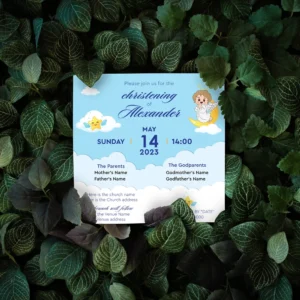 Little Moon Angel Light Blue Christening Invitation for Boys