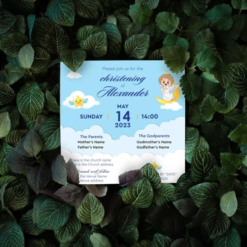 Little Moon Angel Light Blue Christening Invitation for Boys