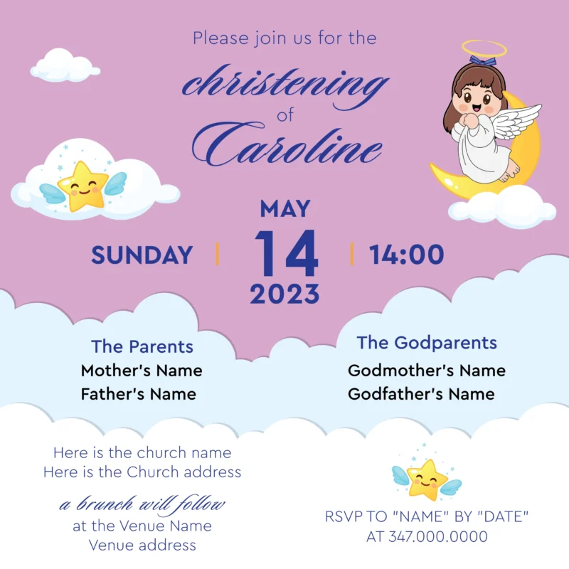 Little Moon Angel Christening Invitation for Girls