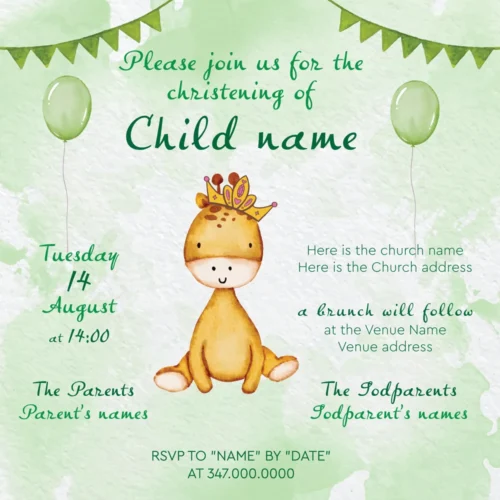 Little Giraffe Printable Christening Invitation for Girls & Boys
