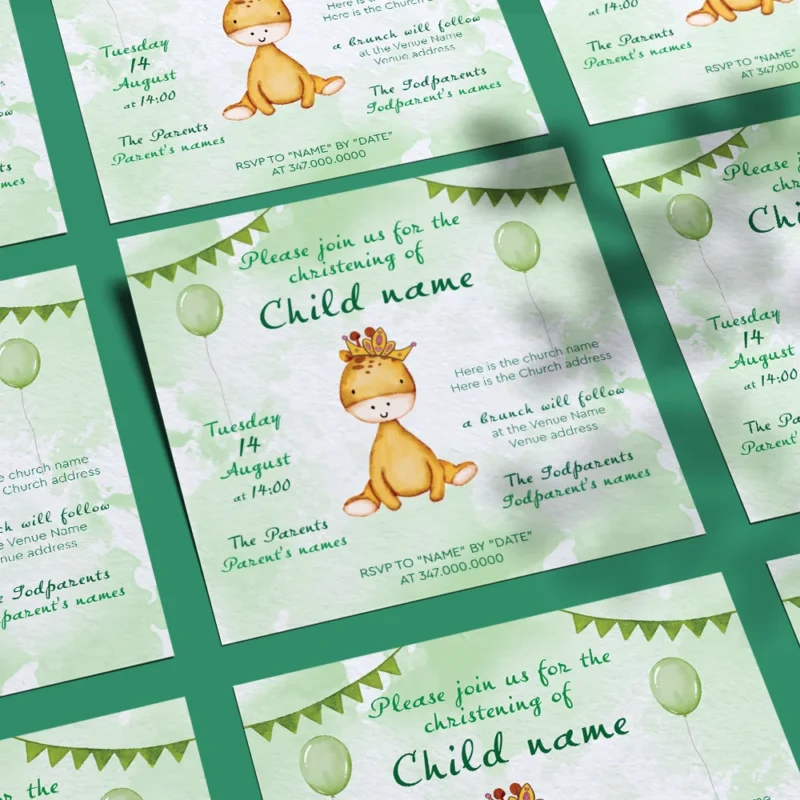 Little Giraffe Printable Christening Invitation for Girls & Boys