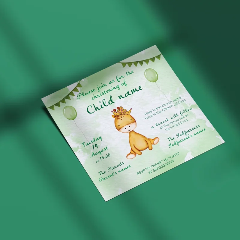 Little Giraffe Printable Christening Invitation for Girls & Boys
