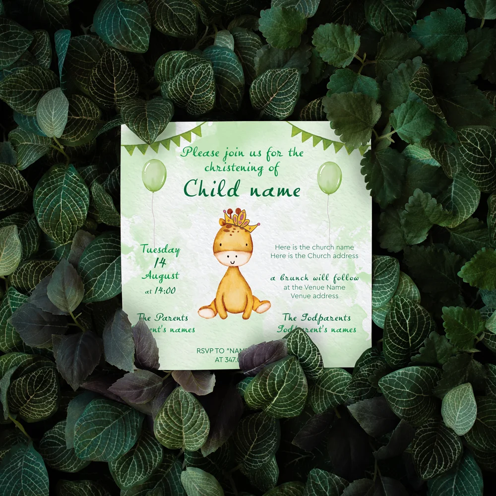 Little Giraffe Printable Christening Invitation for Girls & Boys