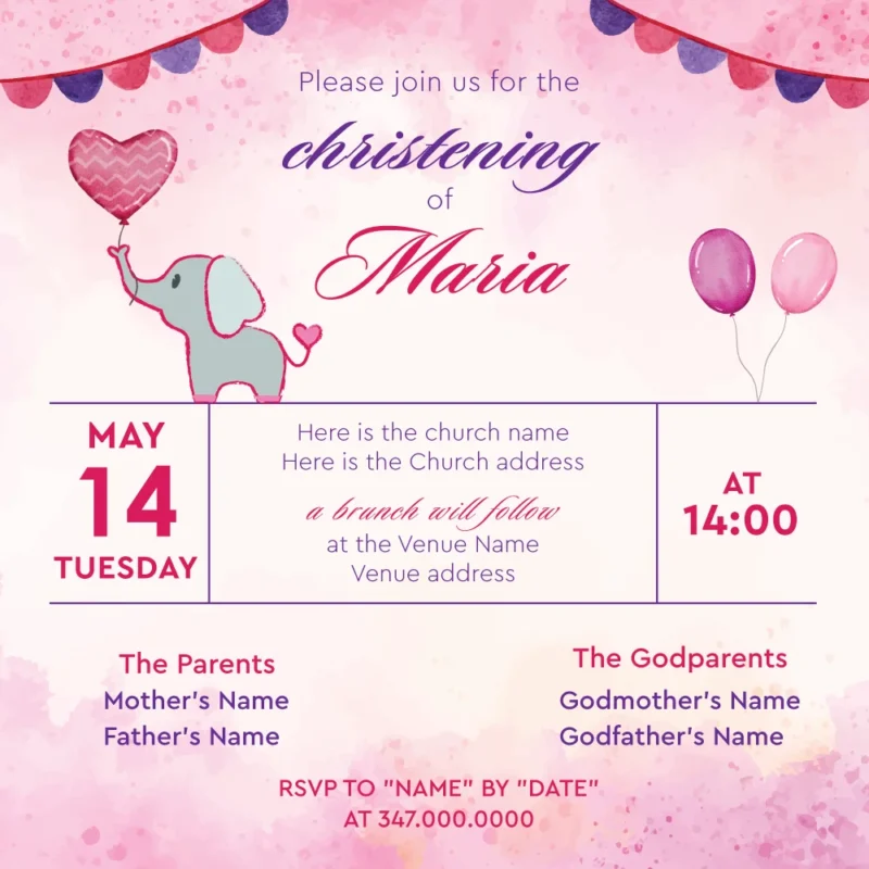 Little Elephant Printable Christening Invitation for Girls | Brooklyn, NY
