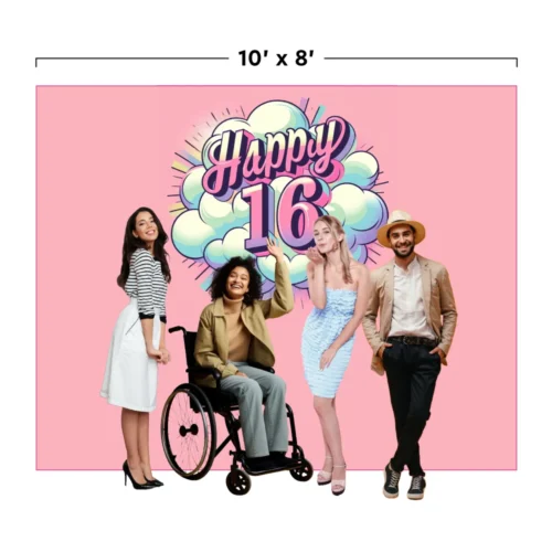 This image depicts a simulation illustrating the scale of a backdrop design in relation to the height of an average person or multiple individuals.