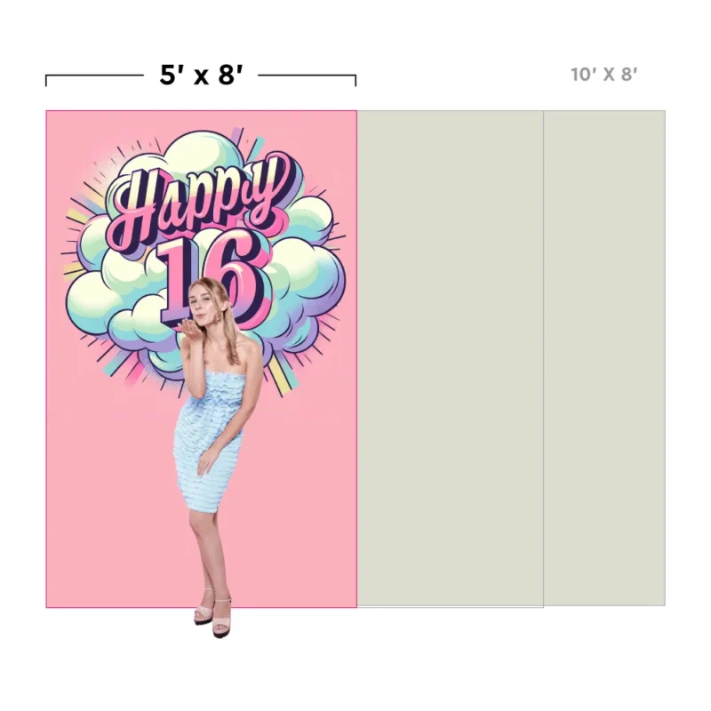 This image depicts a simulation illustrating the scale of a backdrop design in relation to the height of an average person or multiple individuals.