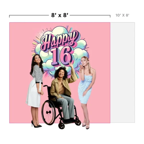 This image depicts a simulation illustrating the scale of a backdrop design in relation to the height of an average person or multiple individuals.
