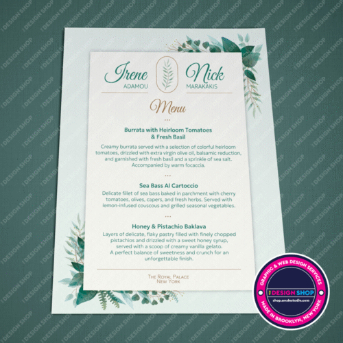 Wedding Table Menu – Soft Green and Light Beige Tones
