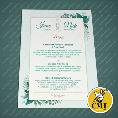 Wedding Table Menu – Soft Green and Light Beige Tones