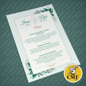 Wedding Table Menu – Soft Green and Light Beige Tones