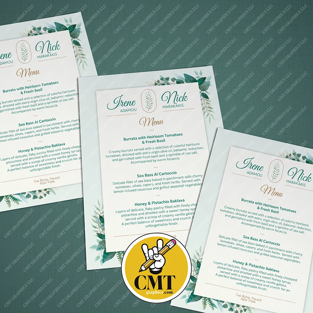 Wedding Table Menu – Soft Green and Light Beige Tones