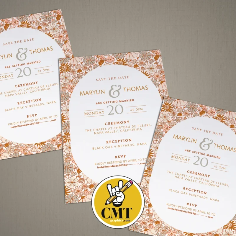 Triple Page Wedding Invitation - Boho Flowers