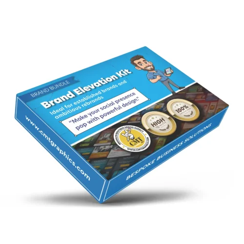 3D-rendered product box for the "Brand Elevation Kit" brand bundle by CMT GRAPHICS LLC, featuring a cartoon designer, quality badges, branding graphics, and bold blue packaging for premium business solutions.