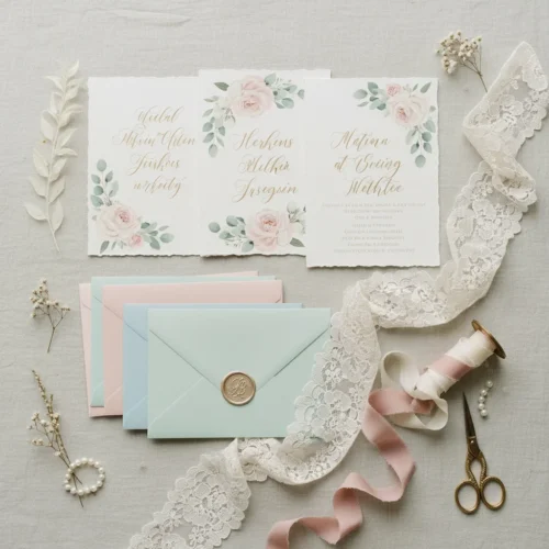 Image shows Wedding Invitations. Elegant flat lay of wedding invitations with soft floral accents, pastel envelopes, lace, ribbon, and hand-written calligraphy.