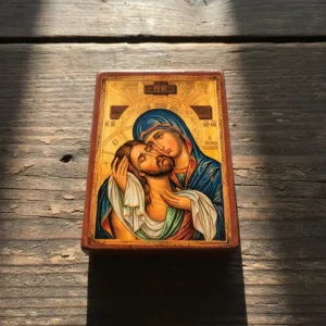 Holy Apokathelosis Orthodox wooden mounted icon showing the Theotokos embracing the Crucified Christ.