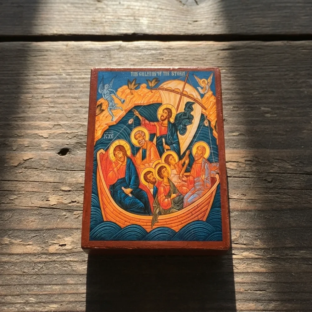 The Calming of the Storm Orthodox wooden mounted icon showing Christ with the disciples in the boat The Calming of the Storm Orthodox wooden mounted icon showing Christ with the disciples in the boat