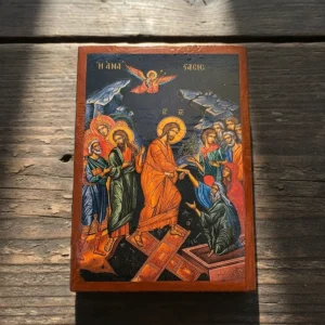 The Resurrection of Jesus Orthodox wooden mounted icon showing Christ in triumph over death in traditional Orthodox style