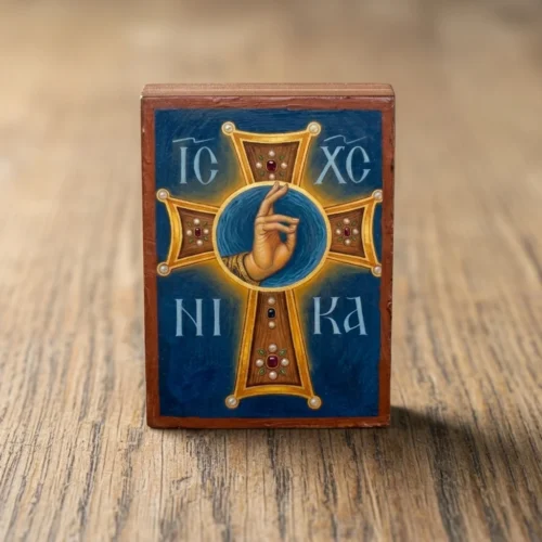 IC XC NIKA Orthodox wooden mounted icon showing the Blessing Hand of Christ inside a decorative cross with strong back magnet