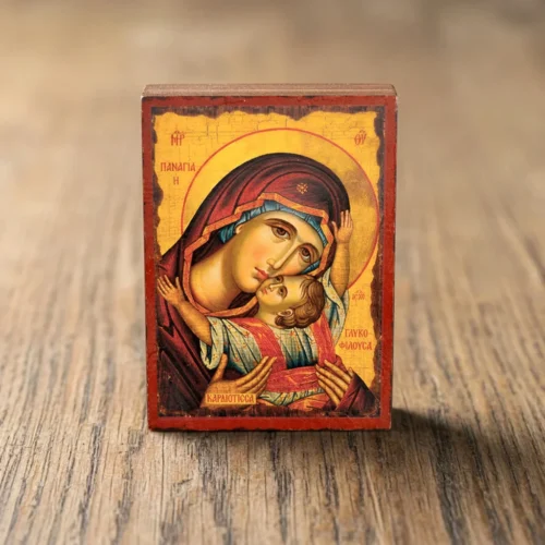 Theotokos of Tenderness Orthodox Wooden Mounted Icon showing the Mother of God embracing the Christ Child