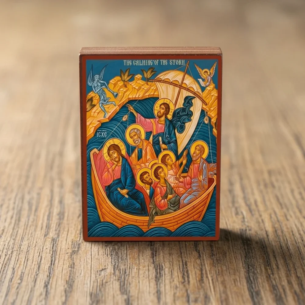 The Calming of the Storm Orthodox wooden mounted icon showing Christ with the disciples in the boat The Calming of the Storm Orthodox wooden mounted icon showing Christ with the disciples in the boat