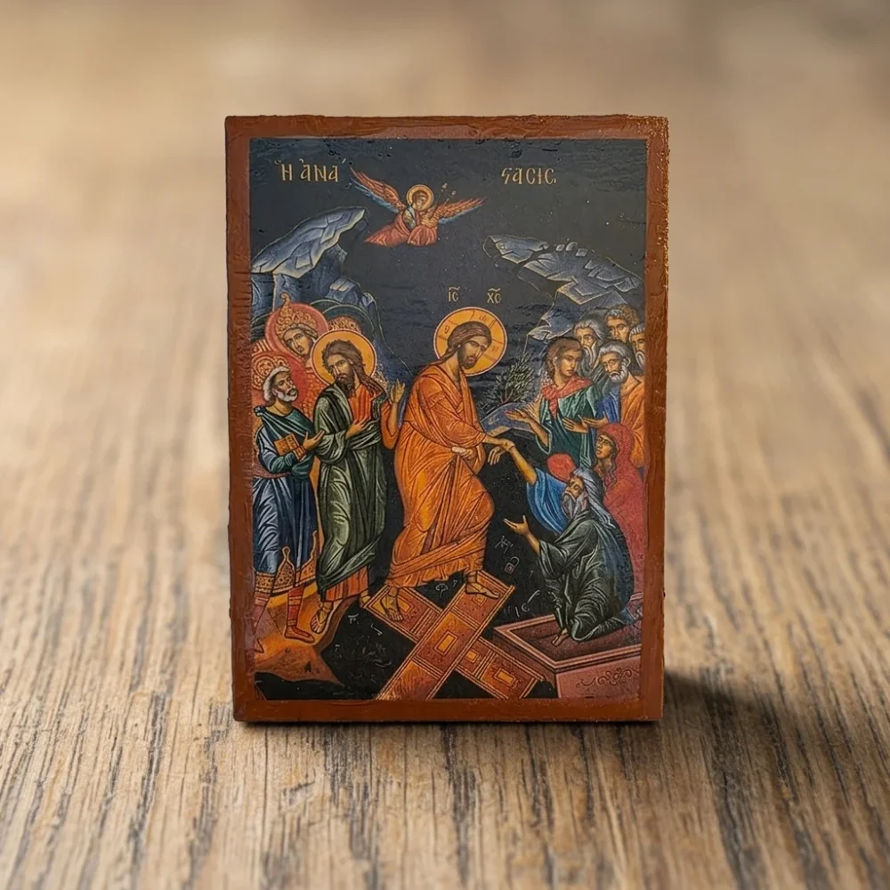 The Resurrection of Jesus Orthodox wooden mounted icon showing Christ in triumph over death in traditional Orthodox style The Resurrection of Jesus Orthodox wooden mounted icon showing Christ in triumph over death in traditional Orthodox style