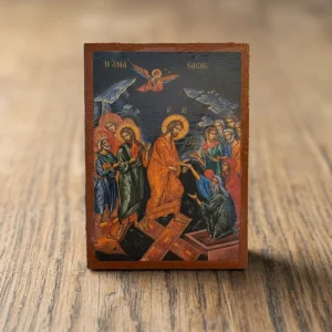 The Resurrection of Jesus Orthodox wooden mounted icon showing Christ in triumph over death in traditional Orthodox style