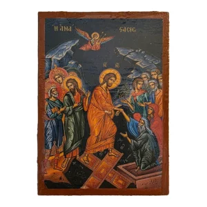 The Resurrection of Jesus Orthodox wooden mounted icon showing Christ in triumph over death in traditional Orthodox style