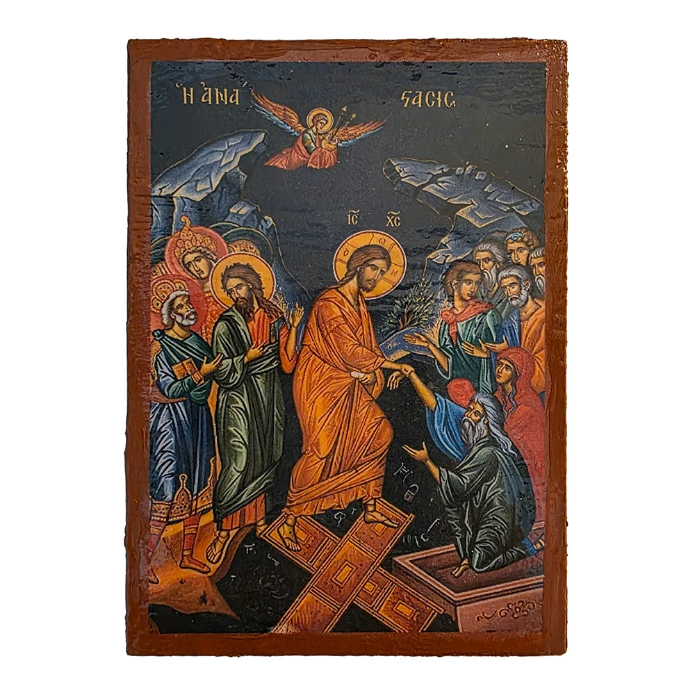 The Resurrection of Jesus Orthodox wooden mounted icon showing Christ in triumph over death in traditional Orthodox style The Resurrection of Jesus Orthodox wooden mounted icon showing Christ in triumph over death in traditional Orthodox style