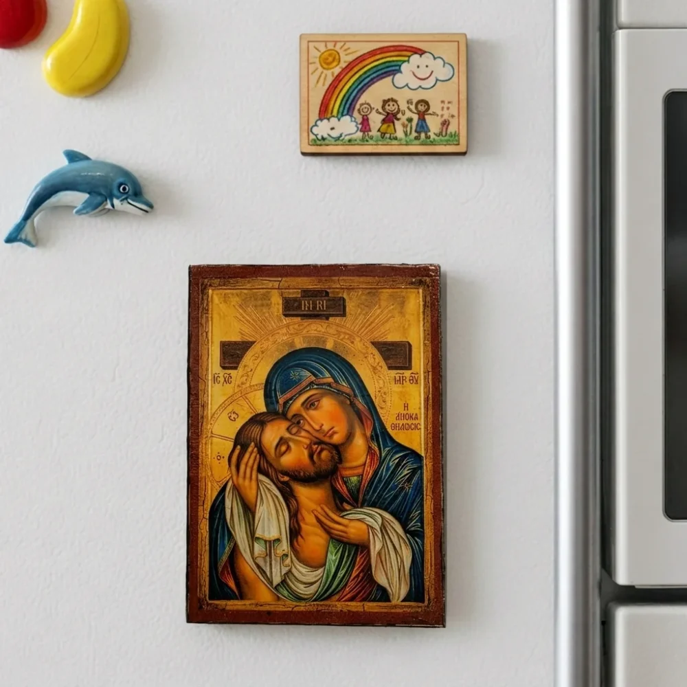 Holy Apokathelosis: Theotokos Embraces the Crucified Christ Holy Apokathelosis Orthodox wooden mounted icon with magnet showing the Theotokos embracing the Crucified Christ.
