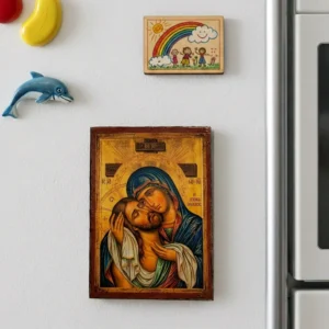 Holy Apokathelosis Orthodox wooden mounted icon with magnet showing the Theotokos embracing the Crucified Christ.