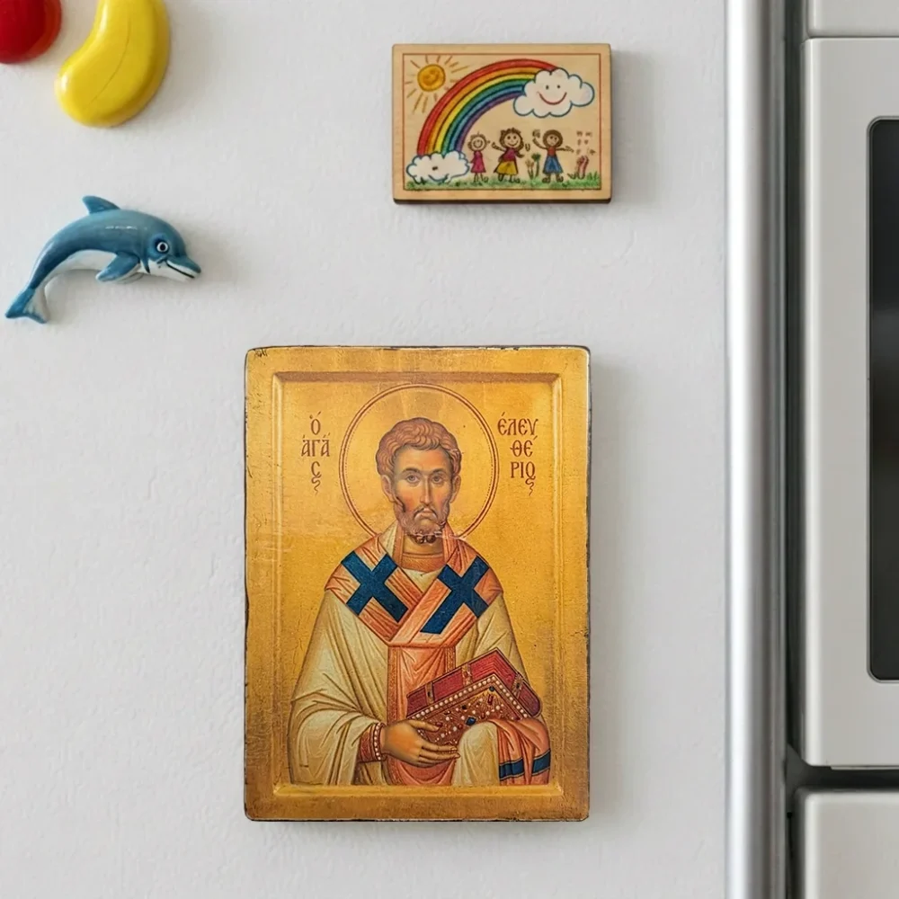 Saint Eleftherios Orthodox Wooden Mounted Icon with magnet