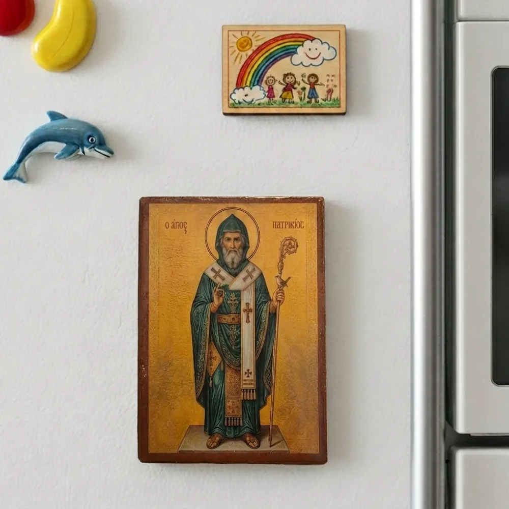 Saint Patrick Orthodox Wooden Mounted Icon with magnet.