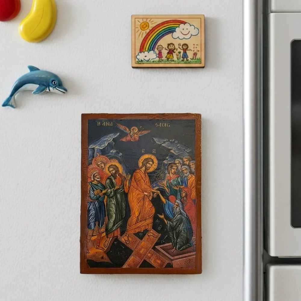 The Resurrection of Jesus Orthodox wooden mounted icon with magnet showing Christ in triumph over death in traditional Orthodox style The Resurrection of Jesus Orthodox wooden mounted icon with magnet showing Christ in triumph over death in traditional Orthodox style