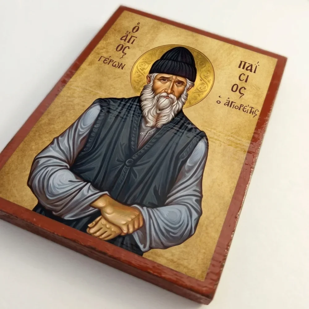 Saint Paisios the Athonite Orthodox Wooden Mounted Icon with gold background, monastic garments, and strong back magnet Saint Paisios the Athonite Orthodox Wooden Mounted Icon with gold background, monastic garments, and strong back magnet