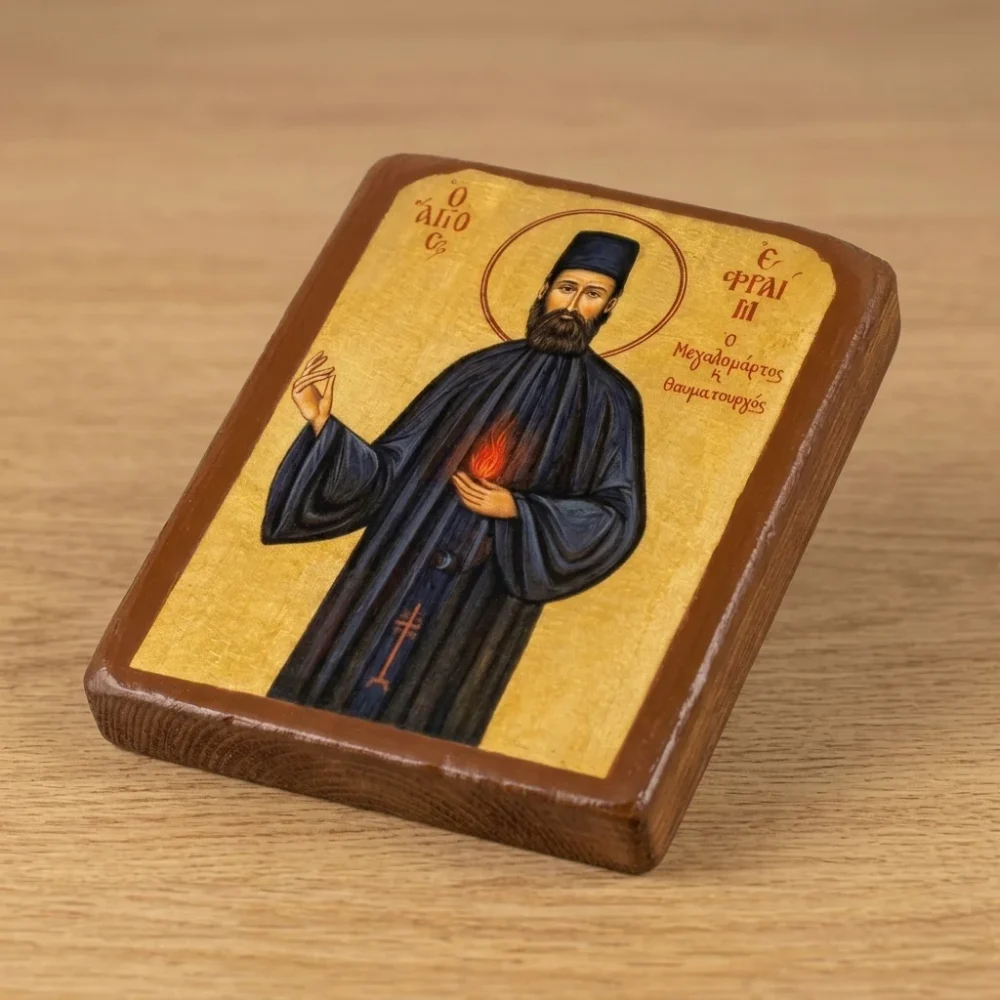 Saint Ephraim the Neomartyr Orthodox Wooden Mounted Icon in traditional Byzantine Orthodox style. Saint Ephraim the Neomartyr Orthodox Wooden Mounted Icon in traditional Byzantine Orthodox style.