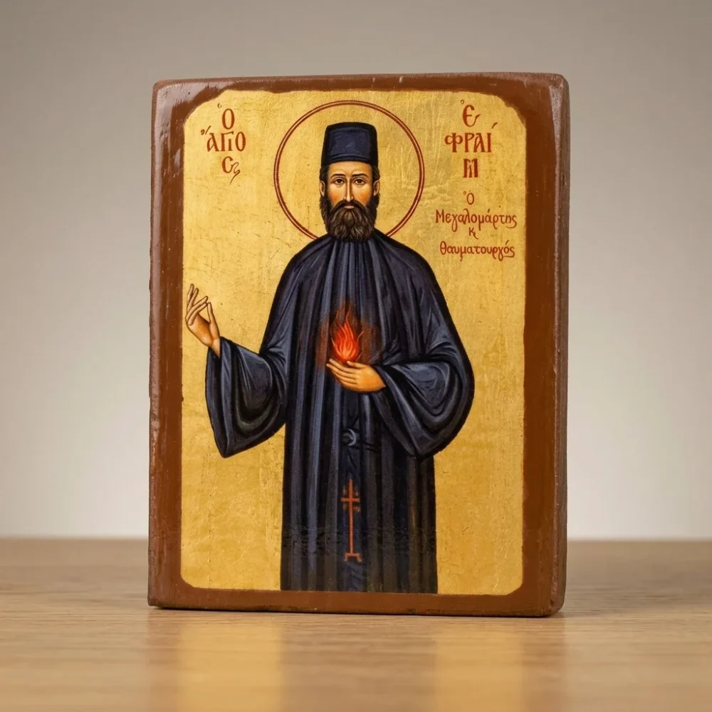 Saint Ephraim the Neomartyr Orthodox Wooden Mounted Icon in traditional Byzantine Orthodox style. Saint Ephraim the Neomartyr Orthodox Wooden Mounted Icon in traditional Byzantine Orthodox style.