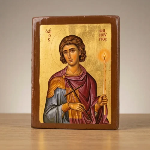 Saint Fanourios Wooden Mounted Icon for Prayer Corner Saint Fanourios Orthodox Wooden Mounted Icon with traditional Orthodox styling and bright background.
