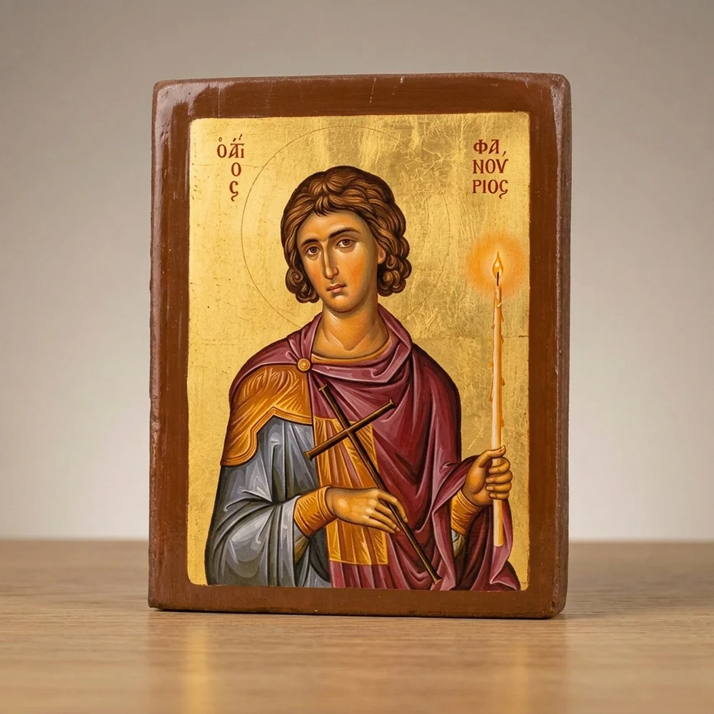 Saint Fanourios Wooden Mounted Icon for Prayer Corner Saint Fanourios Orthodox Wooden Mounted Icon with traditional Orthodox styling and bright background.