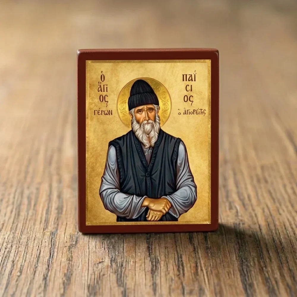 Saint Paisios the Athonite Orthodox Wooden Mounted Icon with gold background, monastic garments, and strong back magnet Saint Paisios the Athonite Orthodox Wooden Mounted Icon with gold background, monastic garments, and strong back magnet