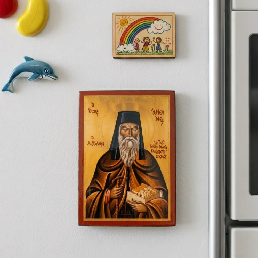 Saint Anthimos of Chios Orthodox Wooden Mounted Icon with magnet, with gold background in traditional Orthodox style