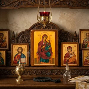 Saint Anna icon displayed in Orthodox home prayer corner iconostasis shelf Brooklyn New York