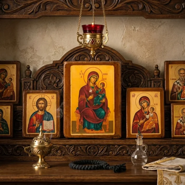 Byzantine Icons. Saint Anna icon displayed in the Orthodox home prayer corner iconostasis shelf.